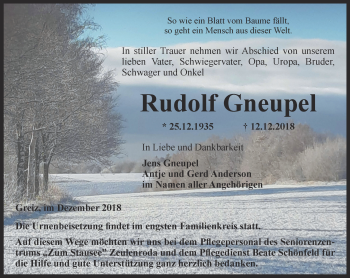Traueranzeige von Rudolf Gneupel