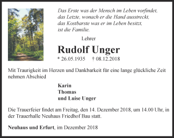 Traueranzeige von Rudolf Unger von Ostthüringer Zeitung