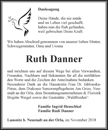 Traueranzeige von Ruth Danner von Ostthüringer Zeitung