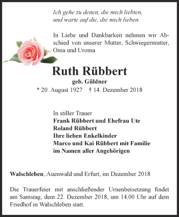 Traueranzeige von Ruth Rübbert von Thüringer Allgemeine, Thüringische Landeszeitung