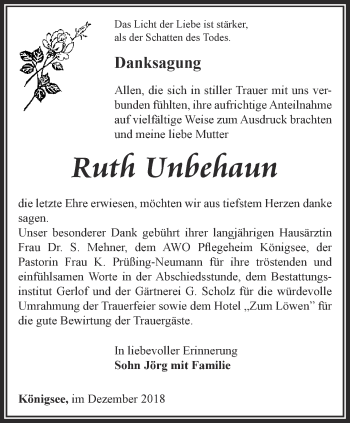 Traueranzeige von Ruth Unbehaun von Ostthüringer Zeitung