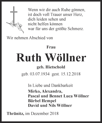 Traueranzeige von Ruth Wöllner von Ostthüringer Zeitung