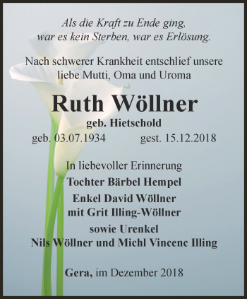 Traueranzeige von Ruth Wöllner von Ostthüringer Zeitung