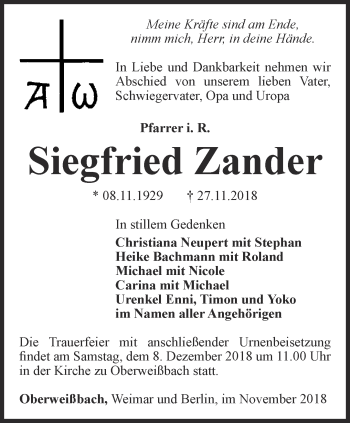 Traueranzeige von Siegfried Zander von Ostthüringer Zeitung