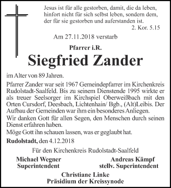 Traueranzeige von Siegfried Zander von Ostthüringer Zeitung