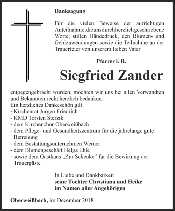 Traueranzeige von Siegfried Zander von Ostthüringer Zeitung