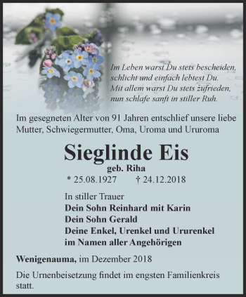 Traueranzeige von Sieglinde Eis von Ostthüringer Zeitung