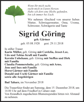 Traueranzeige von Sigrid Göring von Ostthüringer Zeitung, Thüringische Landeszeitung