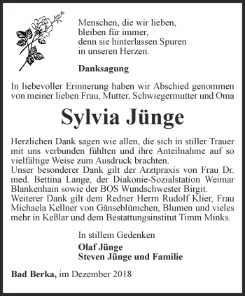 Traueranzeige von Sylvia Jünge von Thüringer Allgemeine, Thüringische Landeszeitung