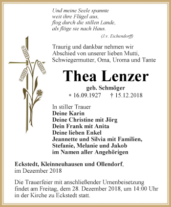 Traueranzeige von Thea Lenzer von Thüringer Allgemeine, Thüringische Landeszeitung