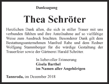 Traueranzeige von Thea Schröter von Thüringer Allgemeine, Thüringische Landeszeitung