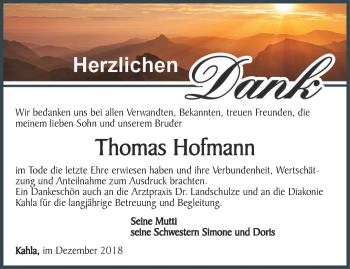 Traueranzeige von Thomas Hofmann von Ostthüringer Zeitung, Thüringische Landeszeitung