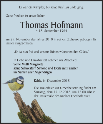 Traueranzeige von Thomas Hofmann von Ostthüringer Zeitung, Thüringische Landeszeitung