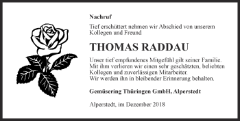 Traueranzeige von Thomas Raddau von Thüringer Allgemeine, Thüringische Landeszeitung