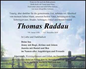 Traueranzeige von Thomas Raddau von Thüringer Allgemeine, Thüringische Landeszeitung