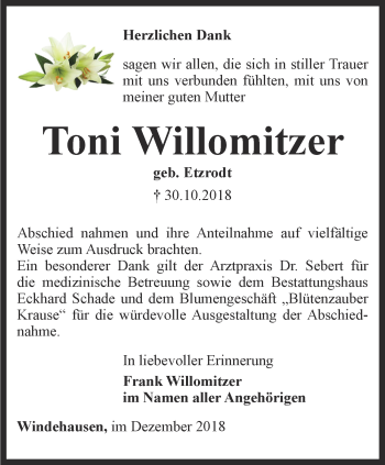 Traueranzeige von Toni Willomitzer von Thüringer Allgemeine