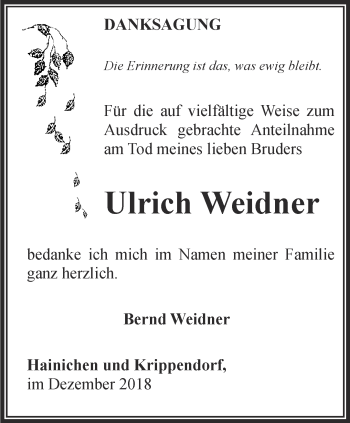 Traueranzeige von Ulrich Weidner von Ostthüringer Zeitung, Thüringische Landeszeitung