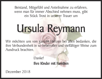 Traueranzeige von Ursula Reymann von Ostthüringer Zeitung, Thüringische Landeszeitung