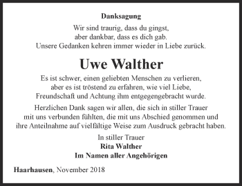 Traueranzeige von Uwe Walther  von Thüringer Allgemeine