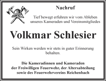 Traueranzeige von Volkmar Schlesier von Ostthüringer Zeitung