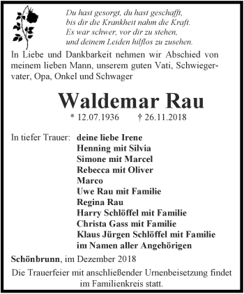 Traueranzeige von Waldemar Rau von Ostthüringer Zeitung