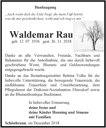 Traueranzeige von Waldemar Rau von Ostthüringer Zeitung