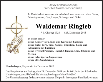 Traueranzeige von Waldemar Ringleb von Thüringer Allgemeine