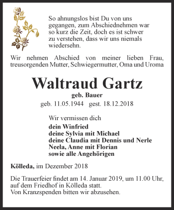 Traueranzeige von Waltraud Gartz von Thüringer Allgemeine