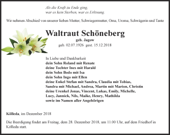 Traueranzeige von Waltraut Schöneberg von Thüringer Allgemeine