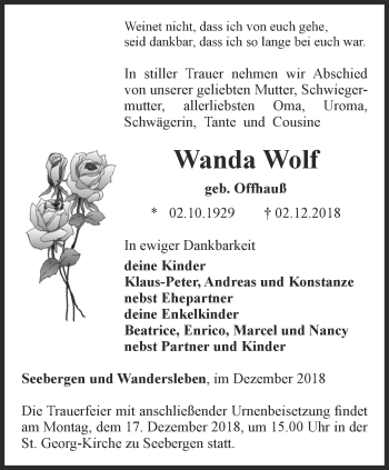 Traueranzeige von Wanda Wolf von Ostthüringer Zeitung, Thüringische Landeszeitung