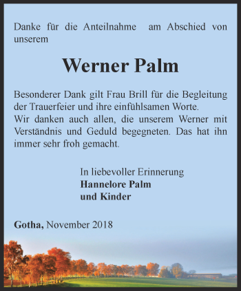 Traueranzeige von Werner Palm von Ostthüringer Zeitung, Thüringische Landeszeitung