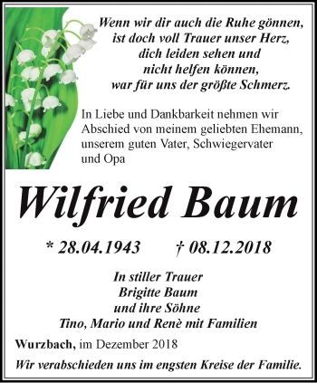 Traueranzeige von Wilfried Baum von Ostthüringer Zeitung