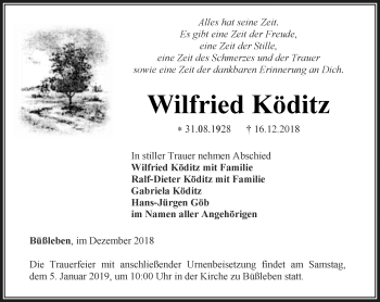 Traueranzeige von Wilfried Köditz von Thüringer Allgemeine, Thüringische Landeszeitung