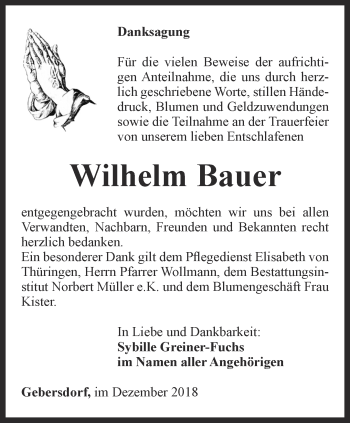 Traueranzeige von Wilhelm Bauer von Ostthüringer Zeitung