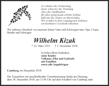 Traueranzeige von Wilhelm Kizak von Ostthüringer Zeitung, Thüringische Landeszeitung