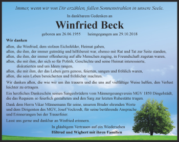 Traueranzeige von Winfried Beck von Thüringer Allgemeine