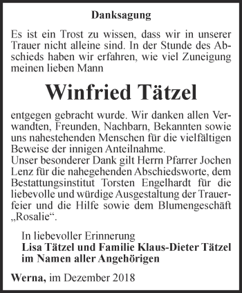 Traueranzeige von Winfried Tätzel von Thüringer Allgemeine