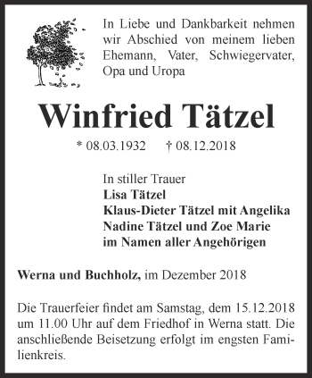 Traueranzeige von Winfried Tätzel von Thüringer Allgemeine