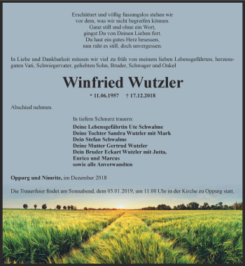 Traueranzeige von Winfried Wutzler von Ostthüringer Zeitung