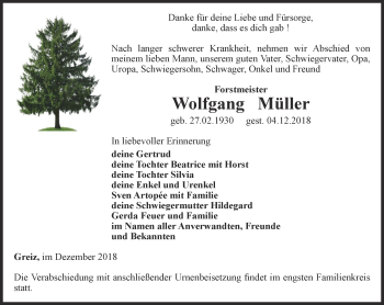 Traueranzeige von Wolfgang Müller