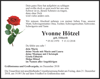 Traueranzeige von Yvonne Hötzel von Thüringer Allgemeine, Thüringische Landeszeitung