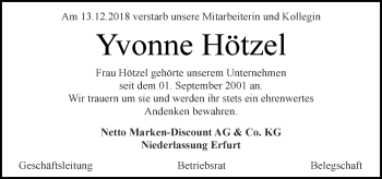 Traueranzeige von Yvonne Hötzel von Thüringer Allgemeine