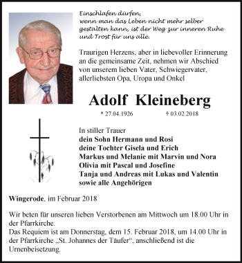 Traueranzeige von Adolf Kleineberg von Thüringer Allgemeine