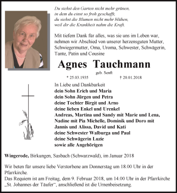 Traueranzeige von Agnes Tauchmann von Thüringer Allgemeine