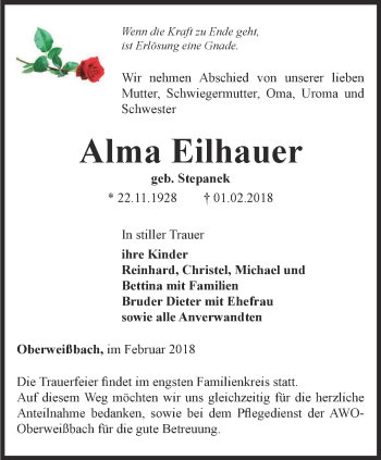 Traueranzeige von Alma Eilhauer von Ostthüringer Zeitung