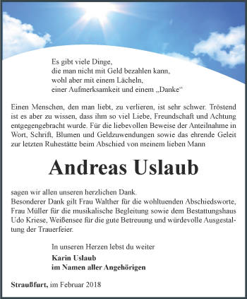 Traueranzeige von Andreas Uslaub von Thüringer Allgemeine