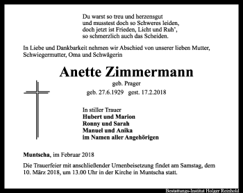 Traueranzeige von Anette Zimmermann von Ostthüringer Zeitung