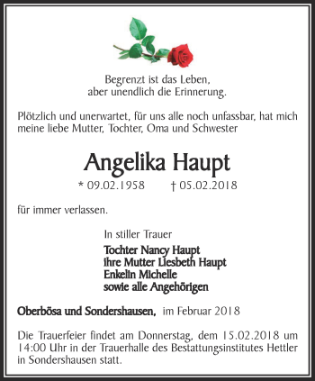Traueranzeige von Angelika Haupt von Thüringer Allgemeine