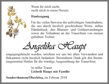 Traueranzeige von Angelika Haupt von Thüringer Allgemeine
