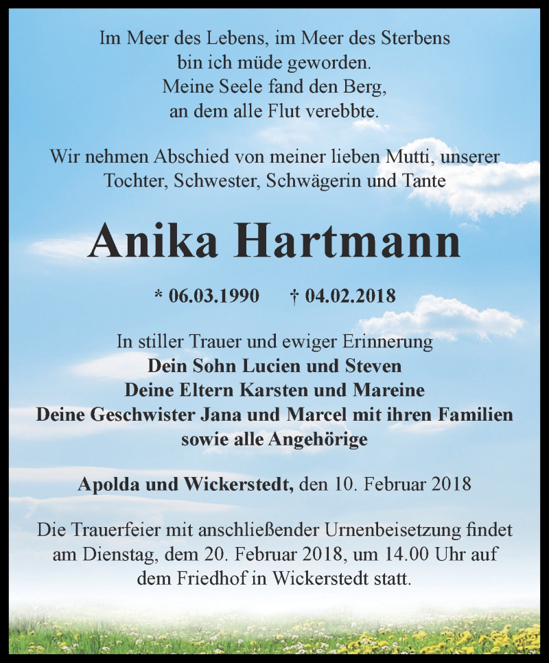  Traueranzeige für Anika Hartmann vom 10.02.2018 aus Thüringer Allgemeine, Thüringische Landeszeitung